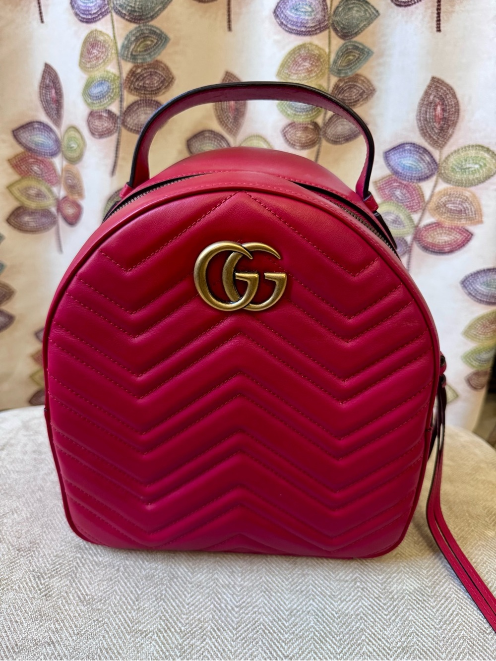 Gucci Marmont Matelasse Red Chevron Quilted Round Backpack with Gold GG